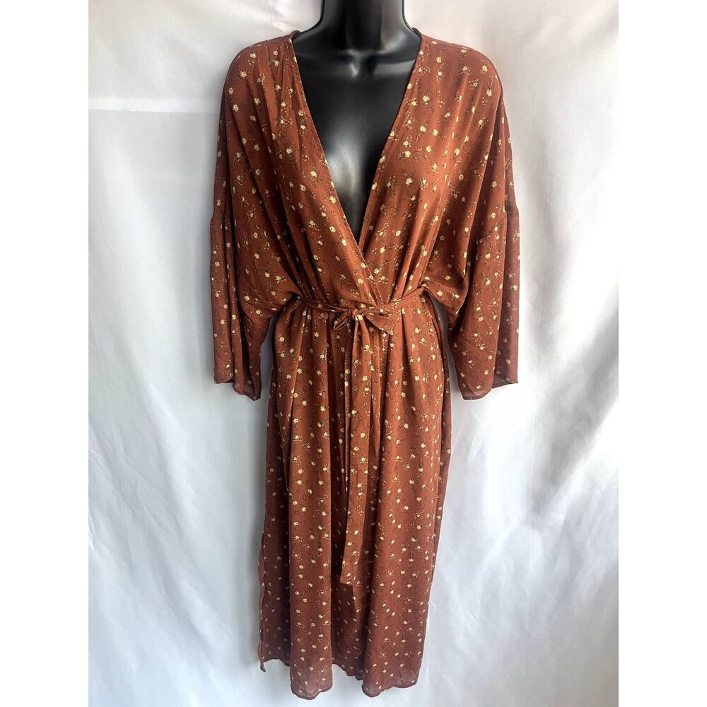 Forever 21 Kimono Robe Wrap Dress Midi Brown Size L Floral Prairie Cottagecore